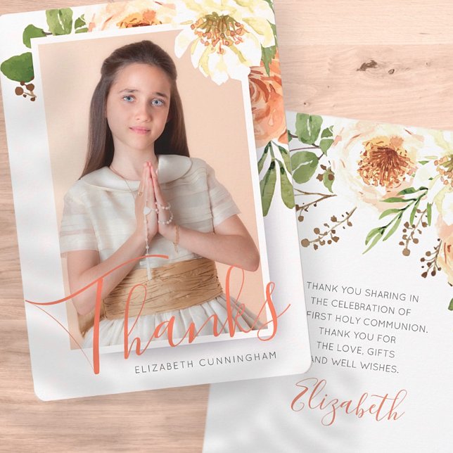 Watercolor Floral First Communion Thank You Card (Creator Uploaded)