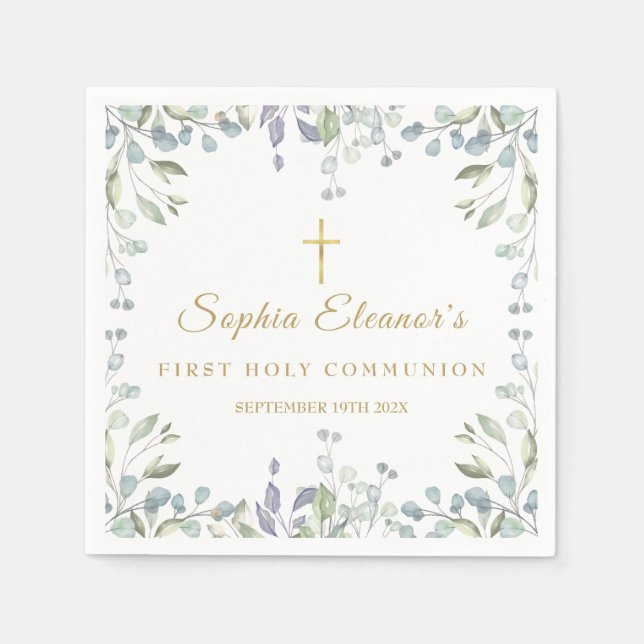 Watercolor Floral First Holy Communion Napkin (Front)