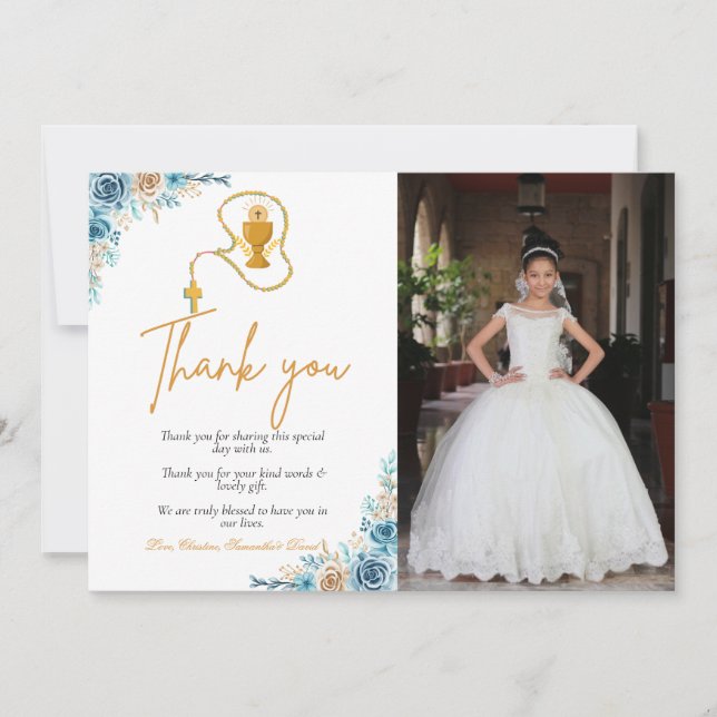 Watercolor floral first holy communion thank you  invitation (Front)