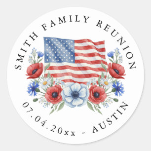 Watercolor Floral Flag US Patriotic Family Reunion Classic Round Sticker