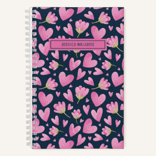 Watercolor Floral Flower Pattern Cute Pink Heart Notebook