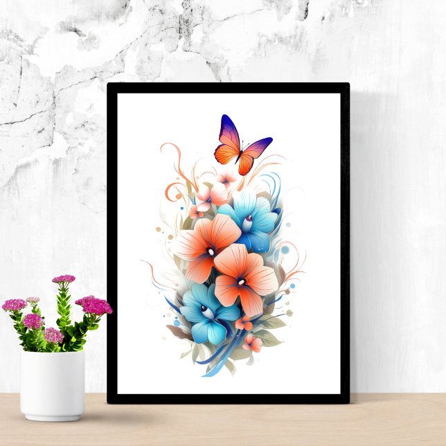 Watercolor Floral Flowers Butterflies Blue Orange  Poster (Blue orange floral butterfly watercolor poster print. Printed or Instant digital download)