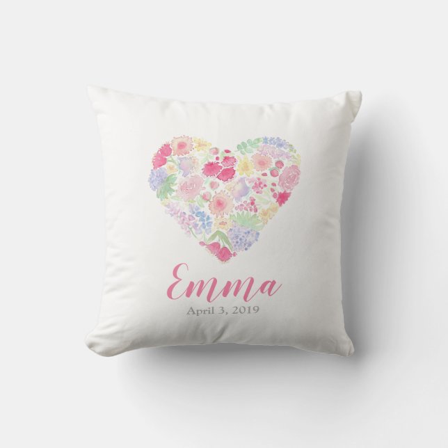 Watercolor Floral Flowers Heart Cushion (Front)