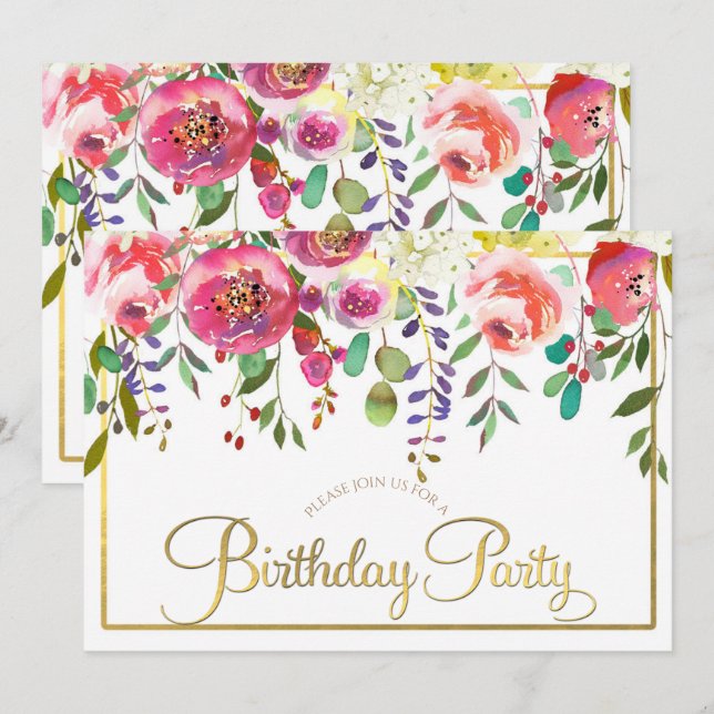 Watercolor Floral Flowers Modern Birthday Party Invitation (Front/Back)