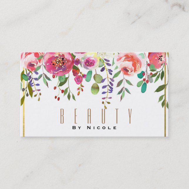 Watercolor Floral Flowers Modern Gold Glamour Business Card (Front)
