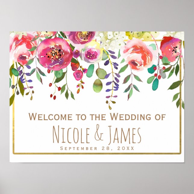 Watercolor Floral Flowers Modern Wedding Welcome Poster (Front)