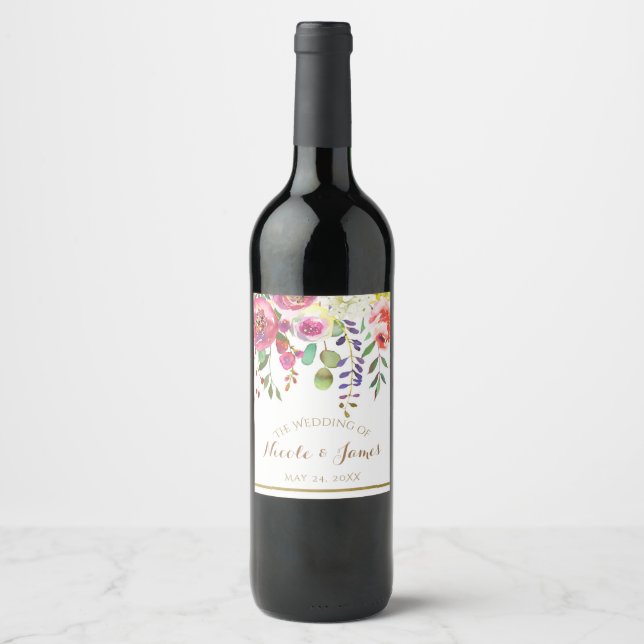 Watercolor Floral Flowers Modern Wedding Wine Wine Label (Front)