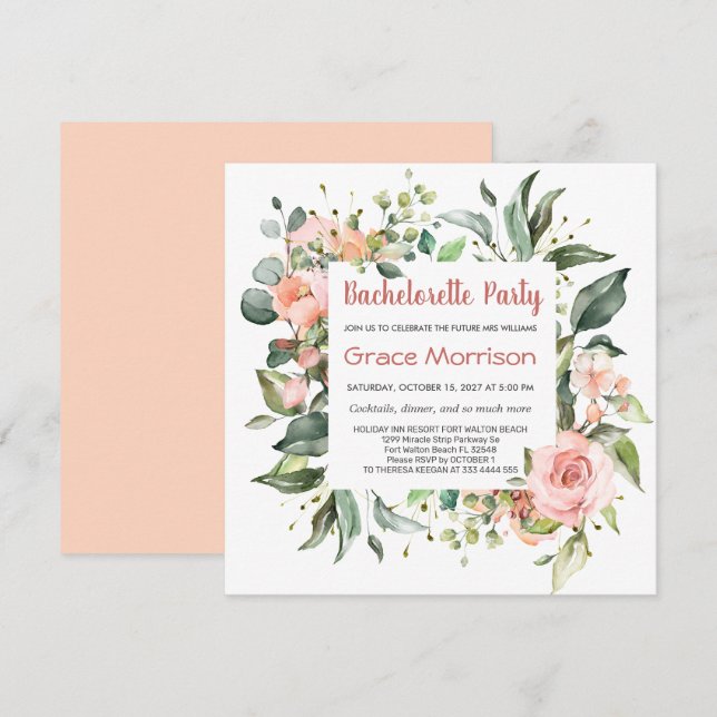 Watercolor floral, foliage Bachelorette Party Invitation (Front/Back)