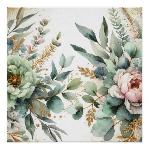 Watercolor Floral Foliage Green Pink Gold Accents  Poster