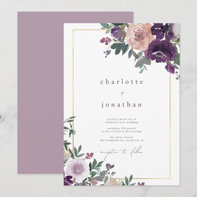 Watercolor Floral Foliage Modern Wedding Invitation (Front/Back)