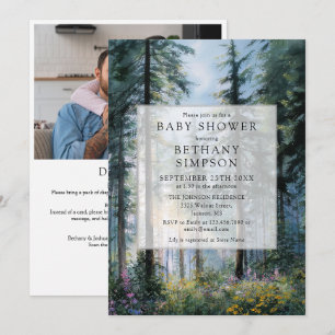 Watercolor Floral Forest Photo QR Code Baby Shower Invitation