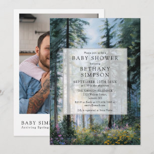 Watercolor Floral Forest Photo QR Code Baby Shower Invitation
