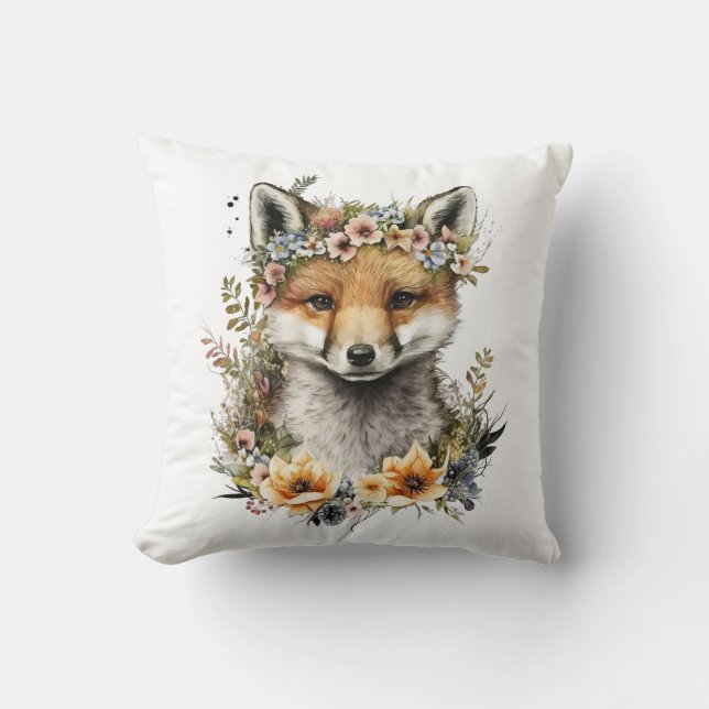Watercolor Floral Fox Cute Cushion (Front)