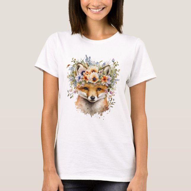 Watercolor Floral Fox Cute T-Shirt (Front)