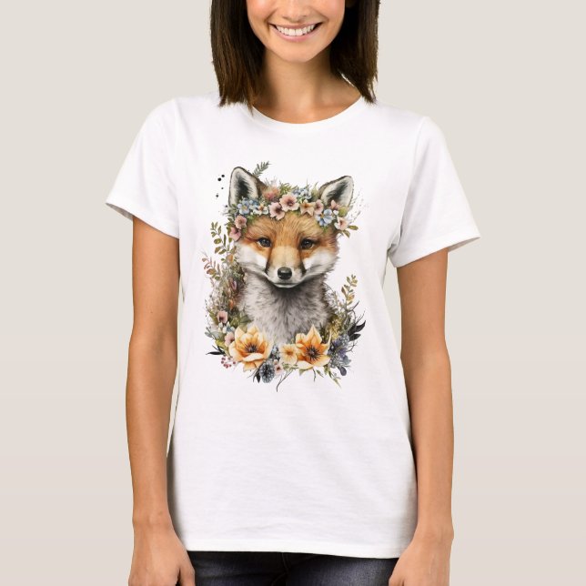 Watercolor Floral Fox Cute T-Shirt (Front)