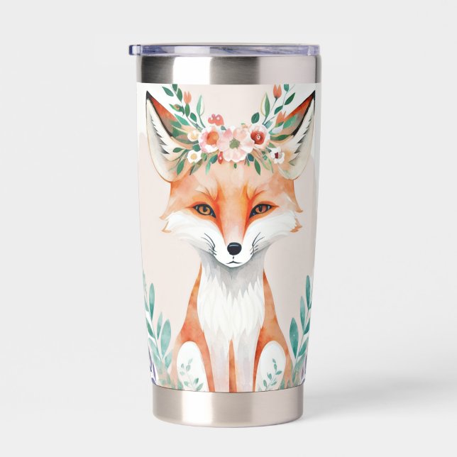 Watercolor floral fox personalised insulated tumbler (Right)