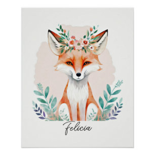 Watercolor floral fox personalised poster