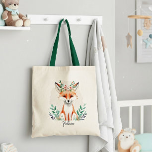 Watercolor floral fox personalised tote bag