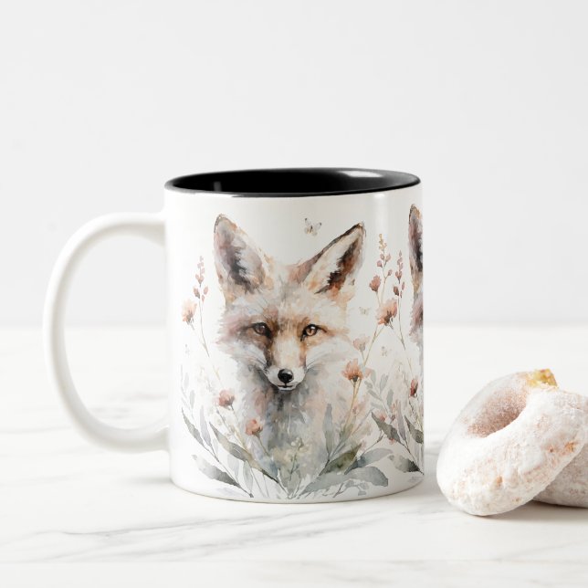 Watercolor Floral Fox Two-Tone Coffee Mug (With Donut)