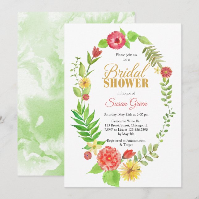 Watercolor Floral Frame Bridal Shower Invitation (Front/Back)