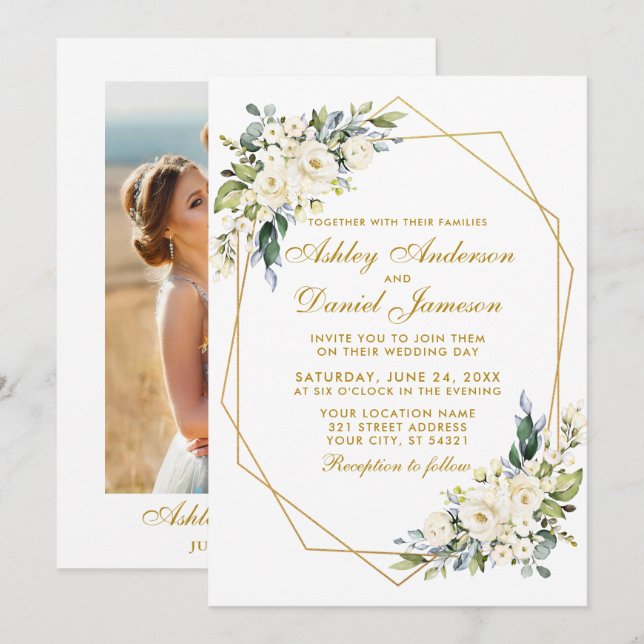 Watercolor Floral Frame Dusty Blue Photo Wedding Invitation (Front/Back)