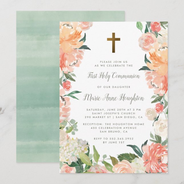 Watercolor Floral Frame First Holy Communion Invitation (Front/Back)