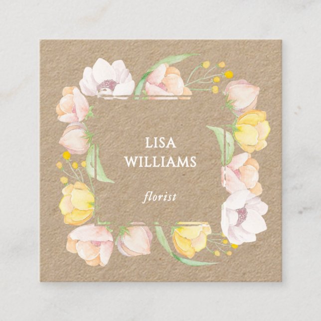 Watercolor Floral Frame Kraft Square Business Card (Front)