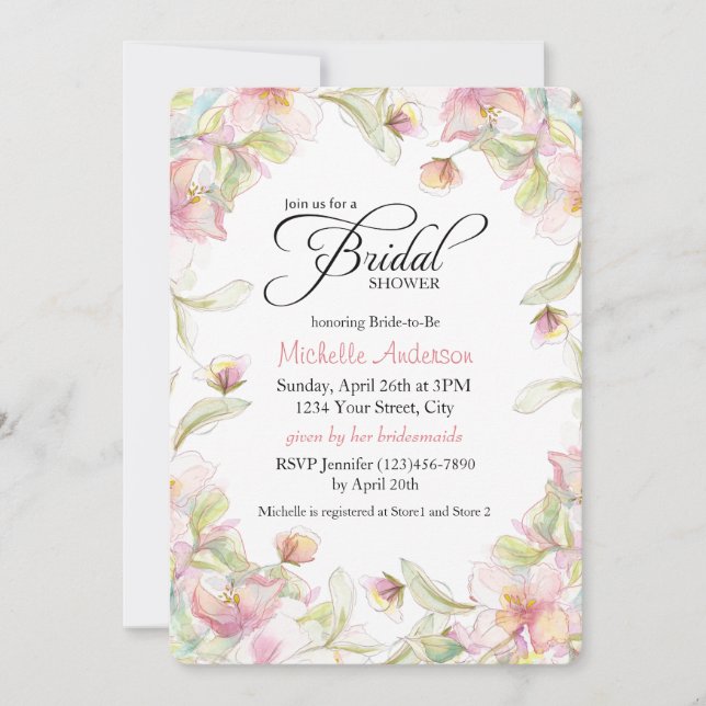 Watercolor Floral Frame Pastel Bridal Shower Invitation (Front)