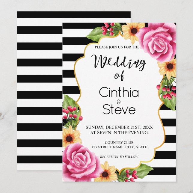 Watercolor Floral Frame Pattern Wedding Invitation (Front/Back)
