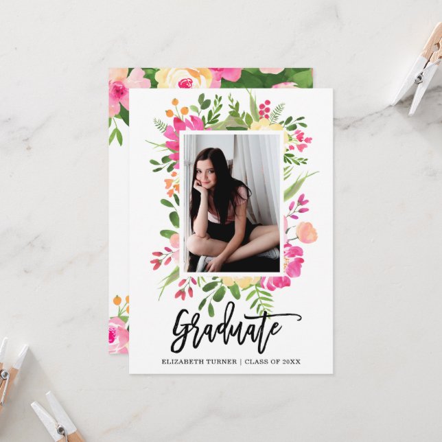 Watercolor Floral Frame Photo Script Graduation Invitation (Front/Back In Situ)