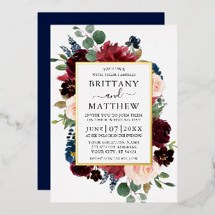 Watercolor Floral Frame Wedding Blue Gold