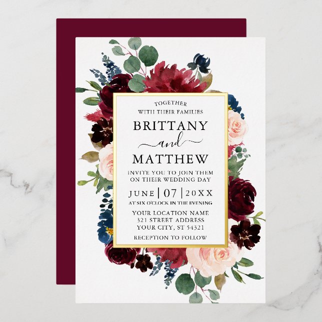 Watercolor Floral Frame Wedding Burgundy Gold (Front/Back)