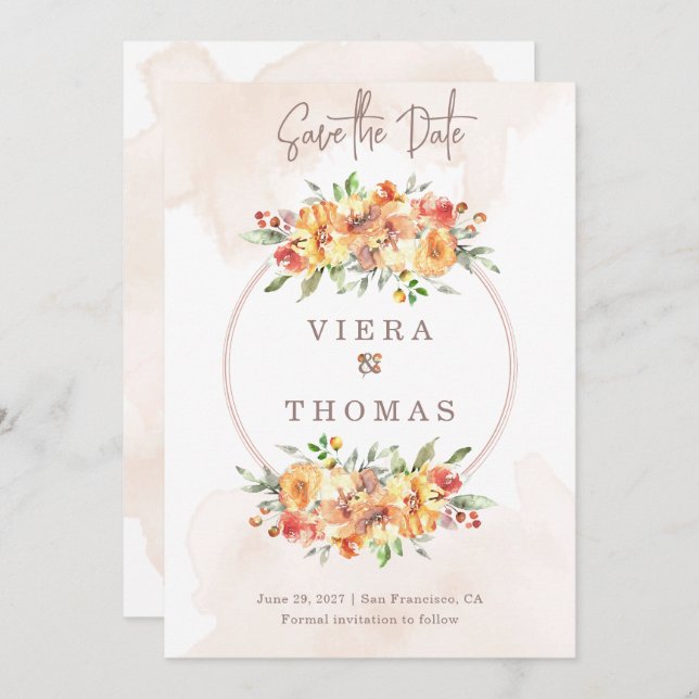 Watercolor Floral Frame Wedding Save the Date (Front/Back)