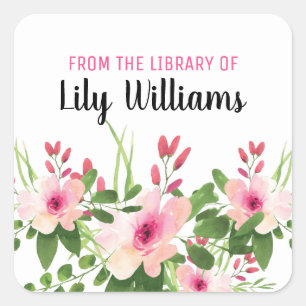 Watercolor Floral From The Library Of Bookplate Square Sticker