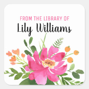 Watercolor Floral From The Library Of Bookplate Square Sticker