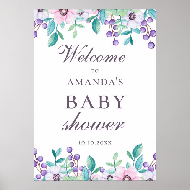 Watercolor floral garden baby shower welcome poster (Front)
