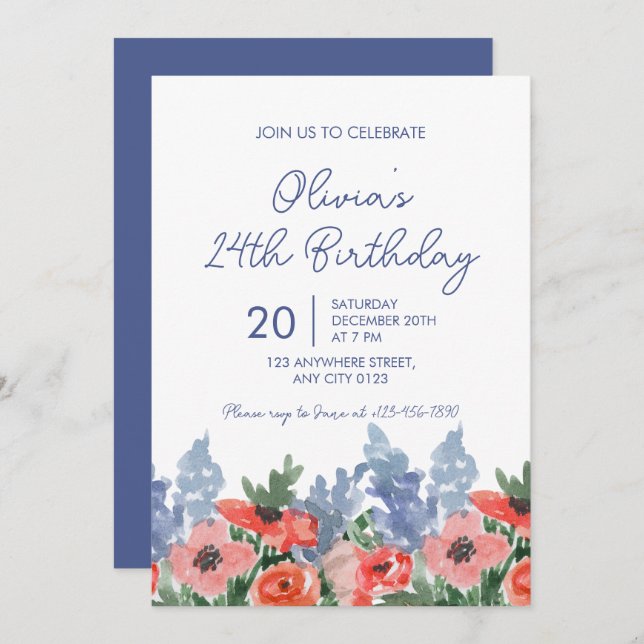 watercolor Floral Garden Birthday Party Invitation (Front/Back)