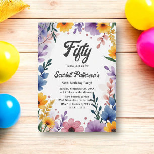Watercolor Floral Garden Boho Summer 50th Birthday Invitation