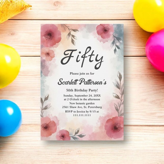 Watercolor Floral Garden Elegant 50th Birthday Invitation (Creator Uploaded)