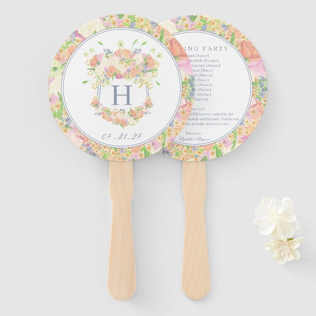 Watercolor Floral Garden Party Crest Hand Fan (Front and Back)