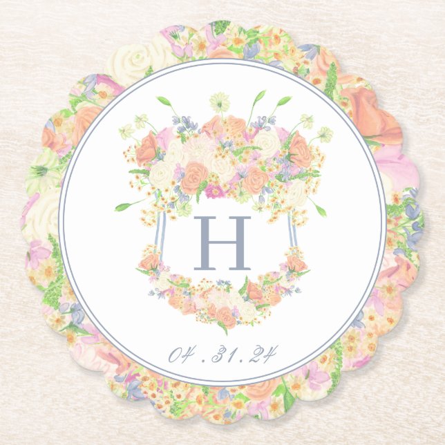 Watercolor Floral Garden Party Crest Paper Coaster (Front)