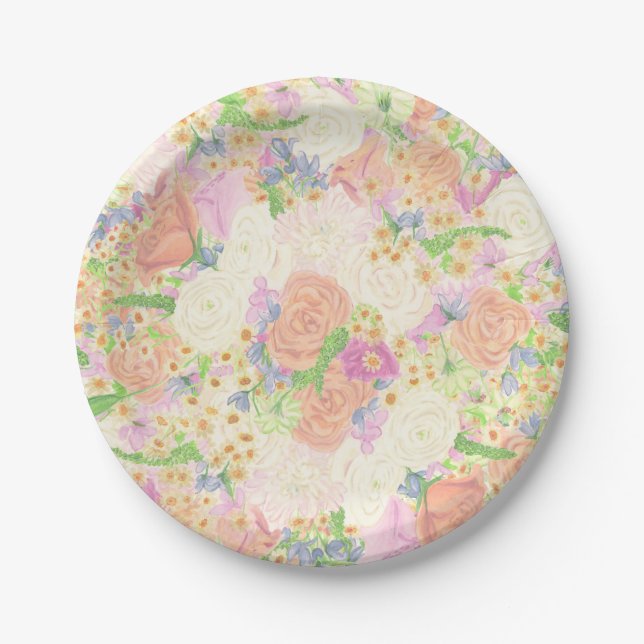 Watercolor Floral Garden Party Crest Paper Plate (Front)