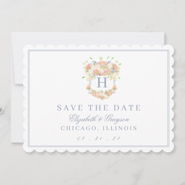 Watercolor Floral Garden Party Crest Save The Date (Front)