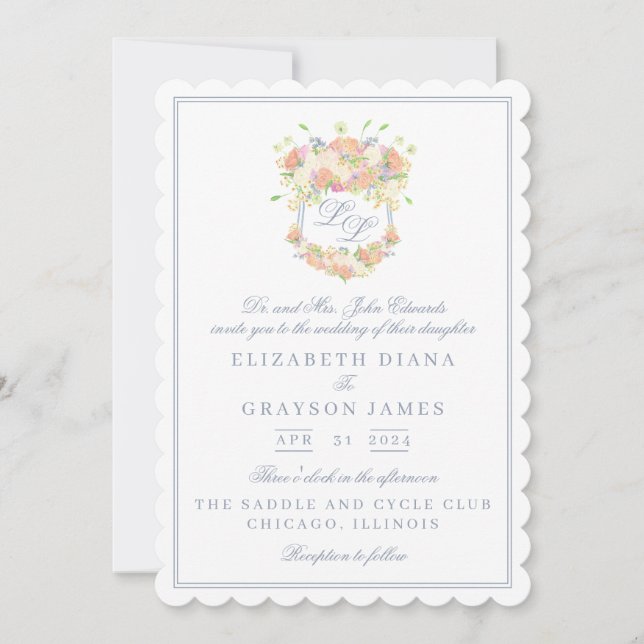 Watercolor Floral Garden Party Crest Two Initial Invitation (Front)
