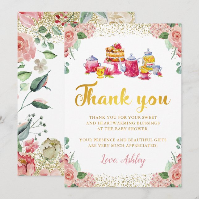 Watercolor Floral Garden Tea Party Thank You Card (Front/Back)