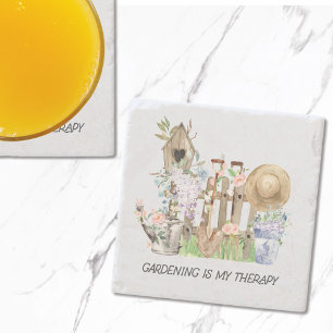 Watercolor Floral Gardening Tools and Quote Stone Coaster