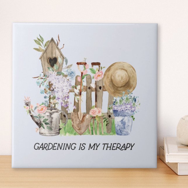 Watercolor Floral Gardening Tools and Quote Tile (Close up on wood table)