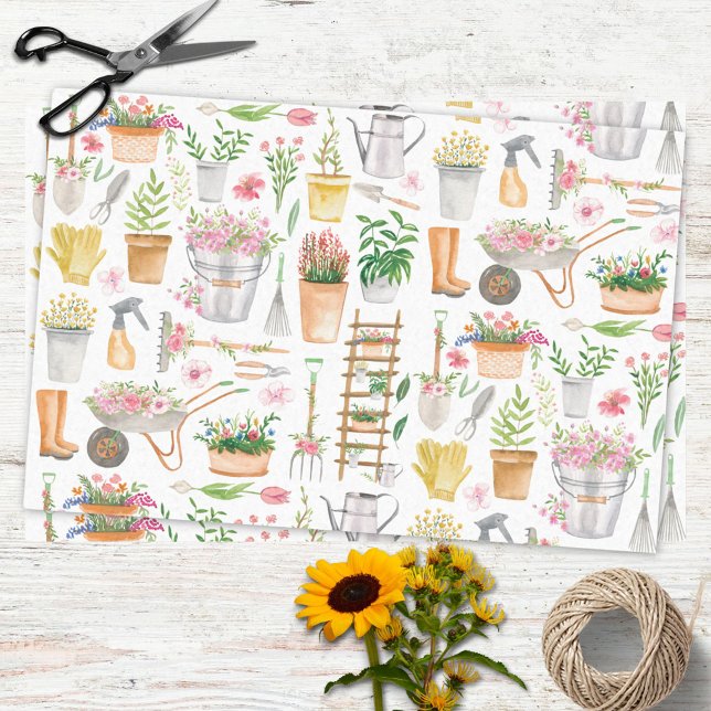 Watercolor Floral Gardening Tools Garden Pattern Tissue Paper (In situ)