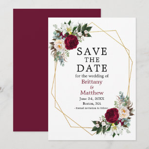 Watercolor Floral Geo Frame Burgundy Save The Date
