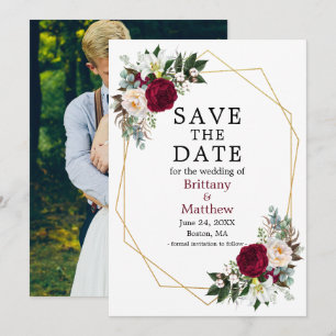 Watercolor Floral Geo Frame Photo Burgundy Save The Date